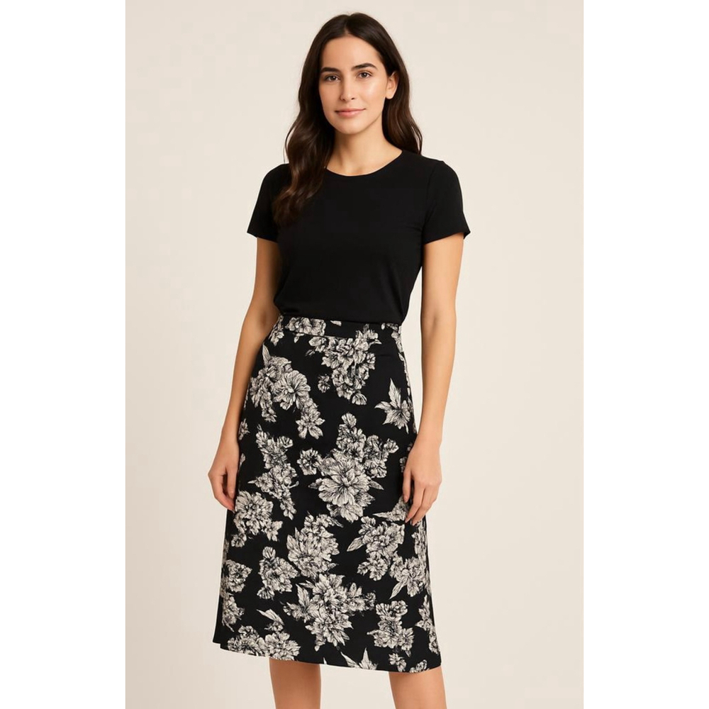 JustFab A-Line Midi Skirt‎ Floral Cottagecore Peasant Black White Lg Belt Loops